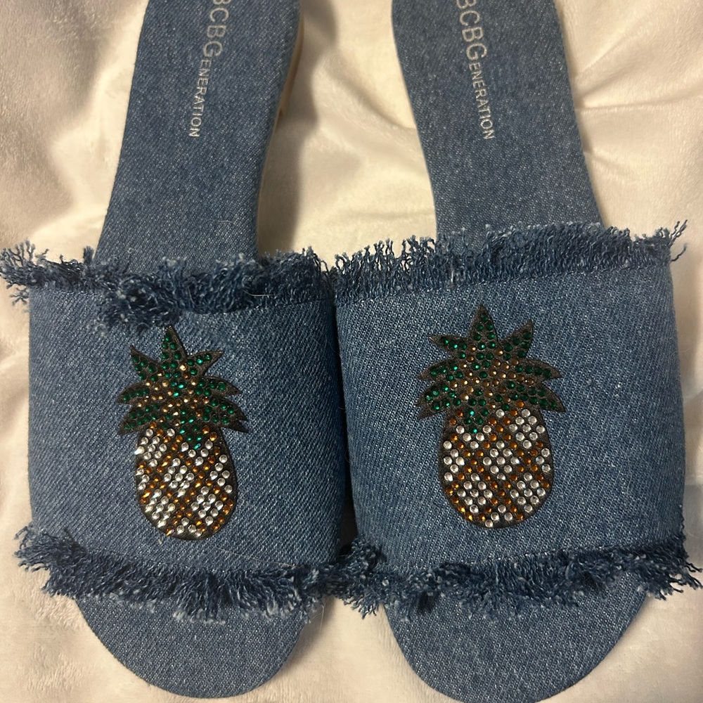 BCBGeneration Blue Denim Slides with Pineapple Detail